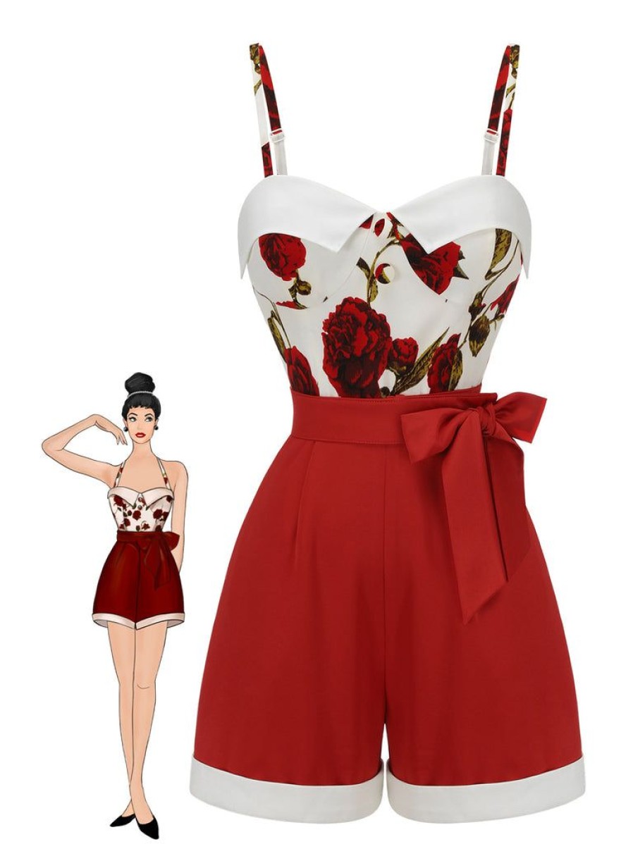 Clothing Retro Stage | 1950S Floral Strap Patchwork Romper Red