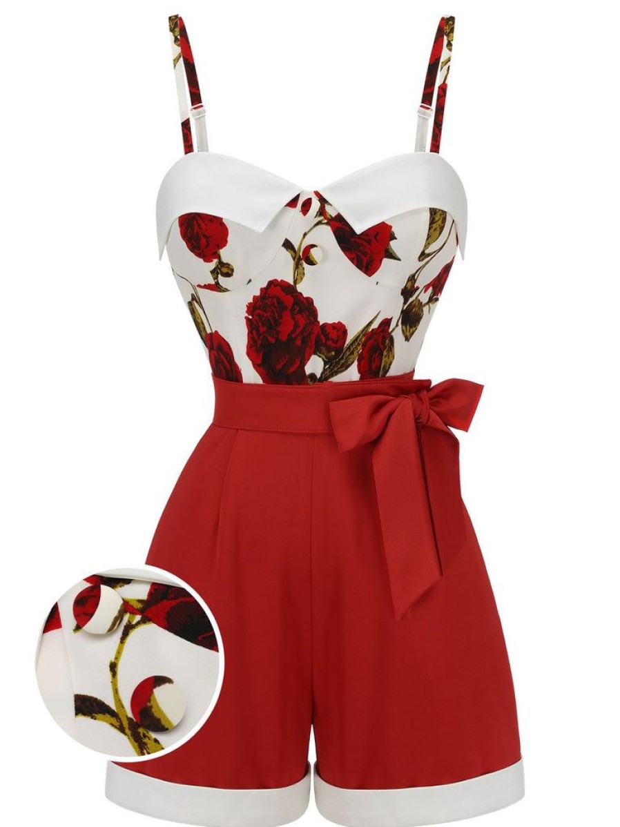 Clothing Retro Stage | 1950S Floral Strap Patchwork Romper Red