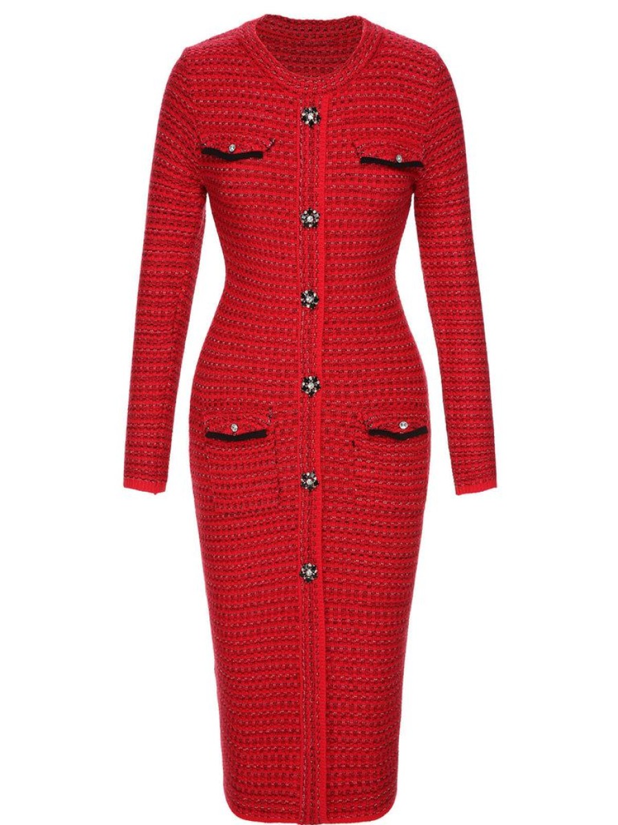 Clothing Retro Stage | 1960S Christmas Jacquard Tweed Pencil Dress Red