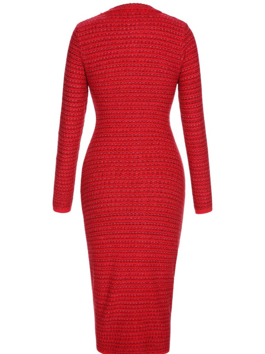 Clothing Retro Stage | 1960S Christmas Jacquard Tweed Pencil Dress Red