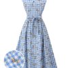 Clothing Retro Stage | 1940S Rose Plaid Lace Up Dress Blue