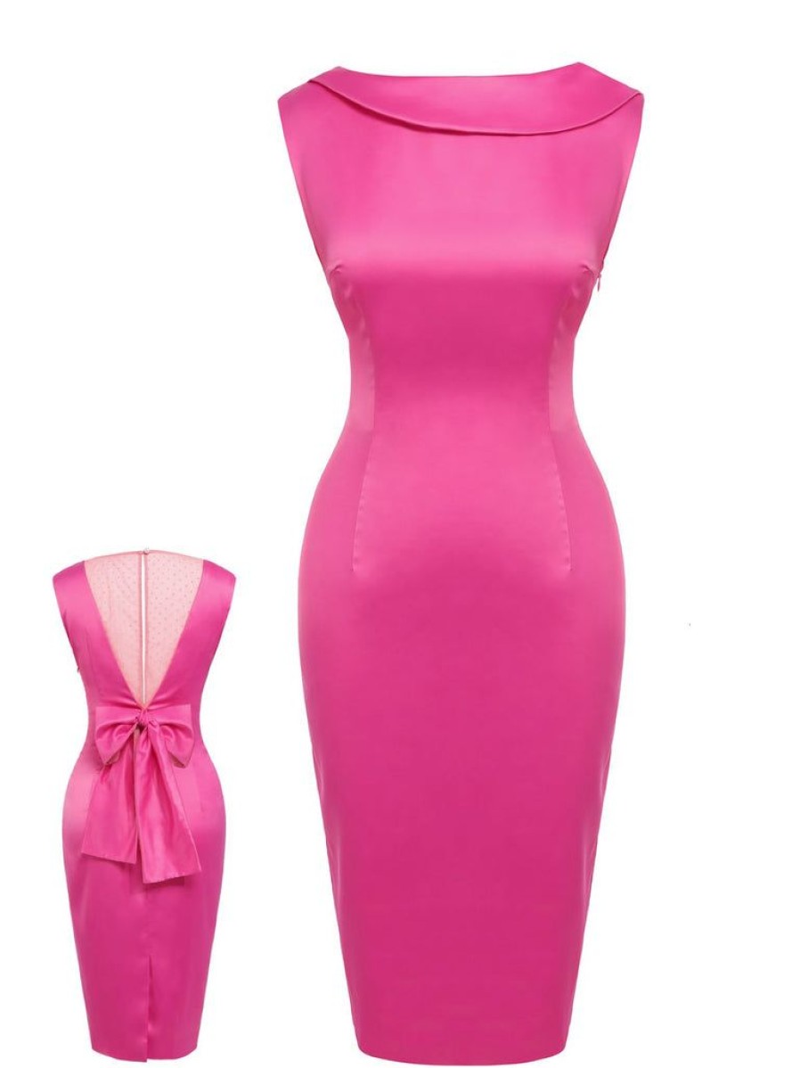 Clothing Retro Stage | 1960S Satin Solid Pencil Dress Rose Red