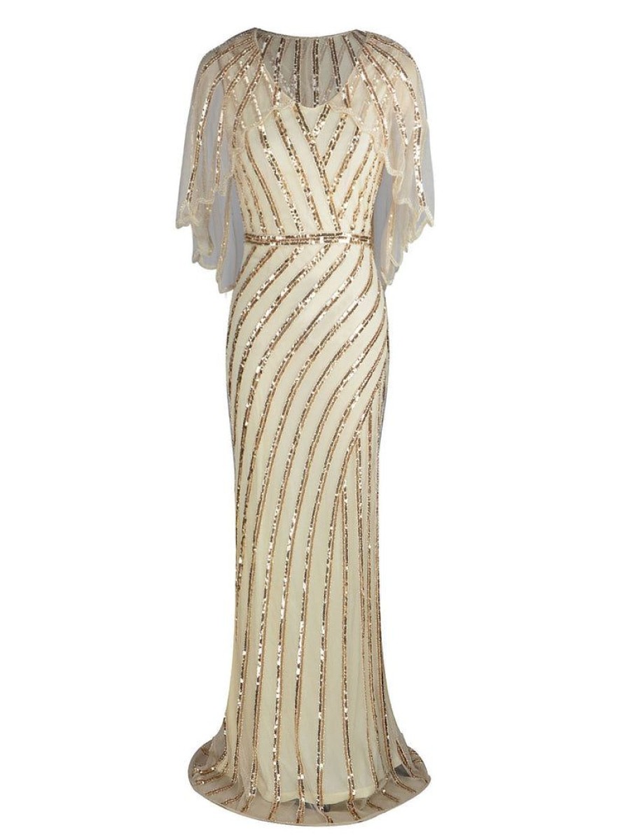 Clothing Retro Stage | 1920S Mesh Sequined Cape Maxi Dress Apricot