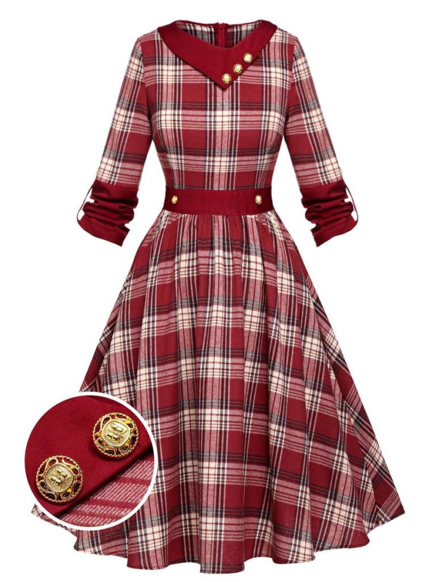 Clothing Retro Stage | [Pre-Sale] 1950S Roll Up Scottish Plaid Dress Red