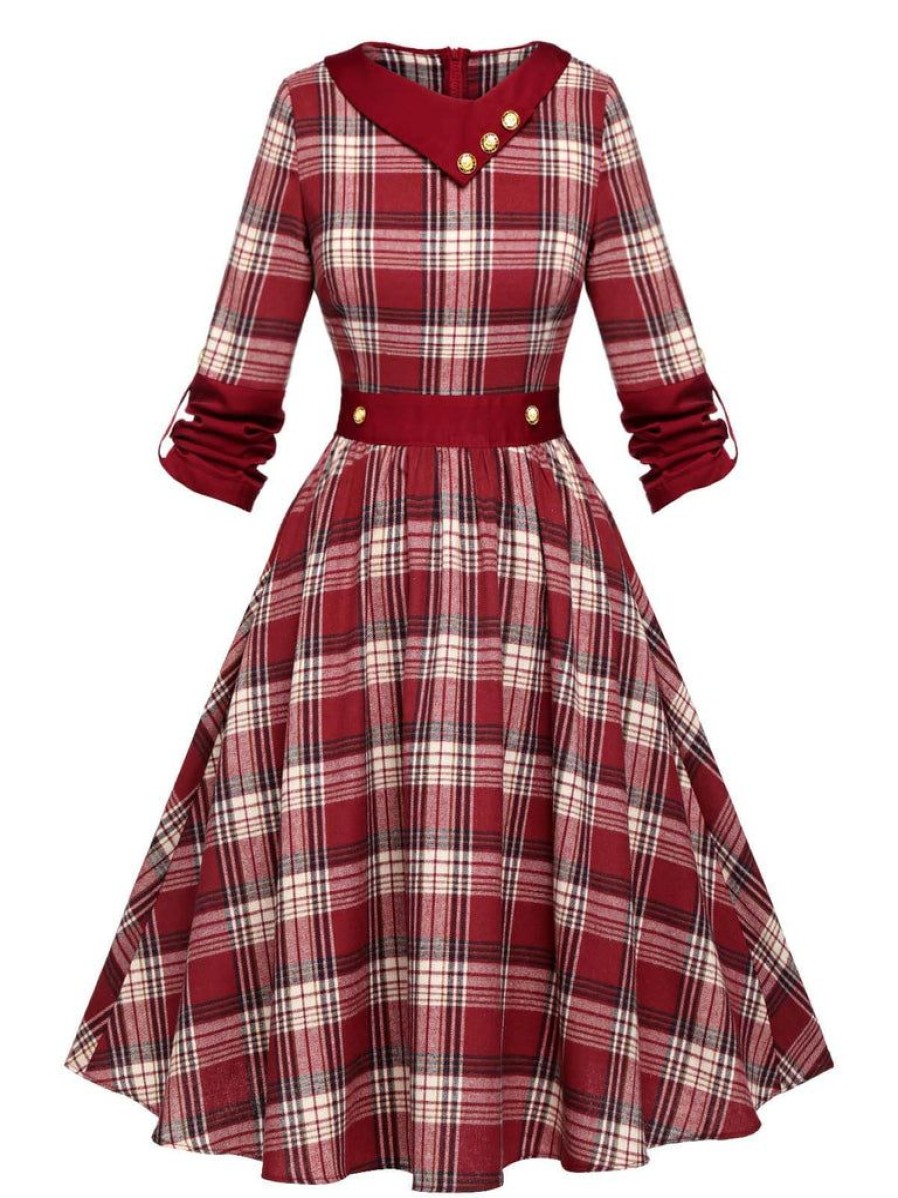 Clothing Retro Stage | [Pre-Sale] 1950S Roll Up Scottish Plaid Dress Red