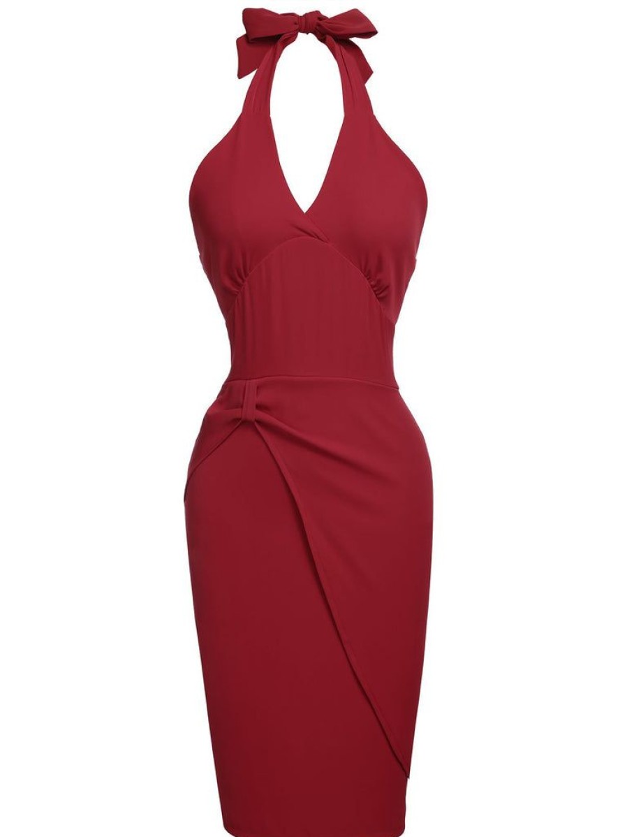 Clothing Retro Stage | 1960S Solid Halter Bodycon Dress Red