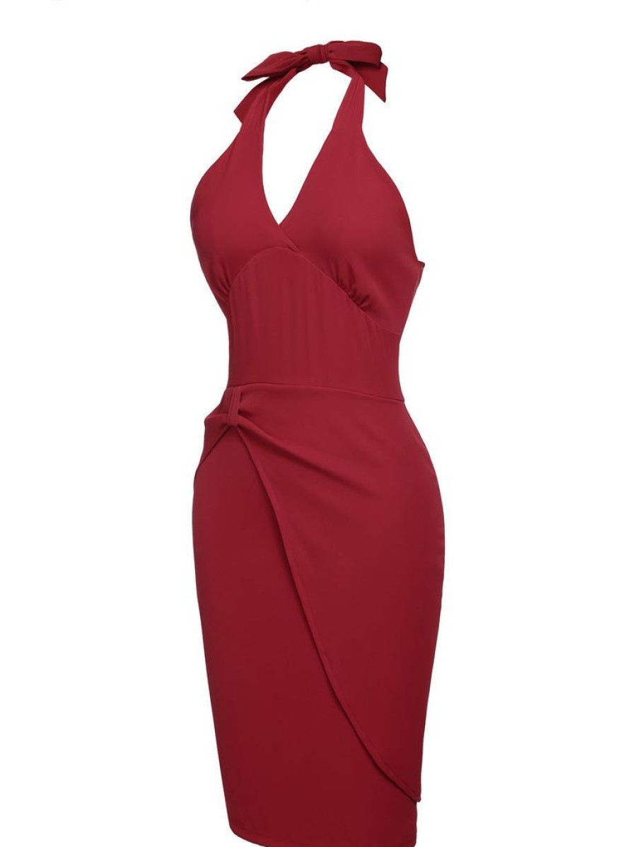 Clothing Retro Stage | 1960S Solid Halter Bodycon Dress Red