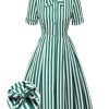 Clothing Retro Stage | [Pre Sale] 1950S Tie Neck Striped Dress Dark Green