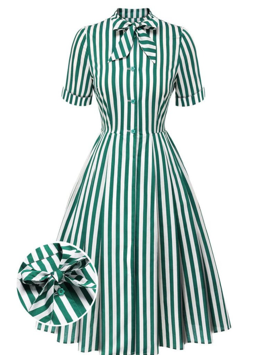 Clothing Retro Stage | [Pre Sale] 1950S Tie Neck Striped Dress Dark Green