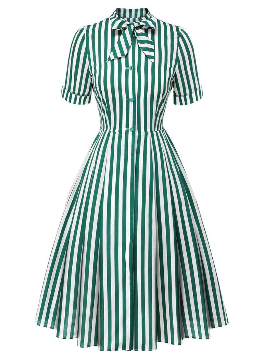 Clothing Retro Stage | [Pre Sale] 1950S Tie Neck Striped Dress Dark Green