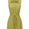 Clothing Retro Stage | 1950S Solid Lapel Belt Romper Olive Green