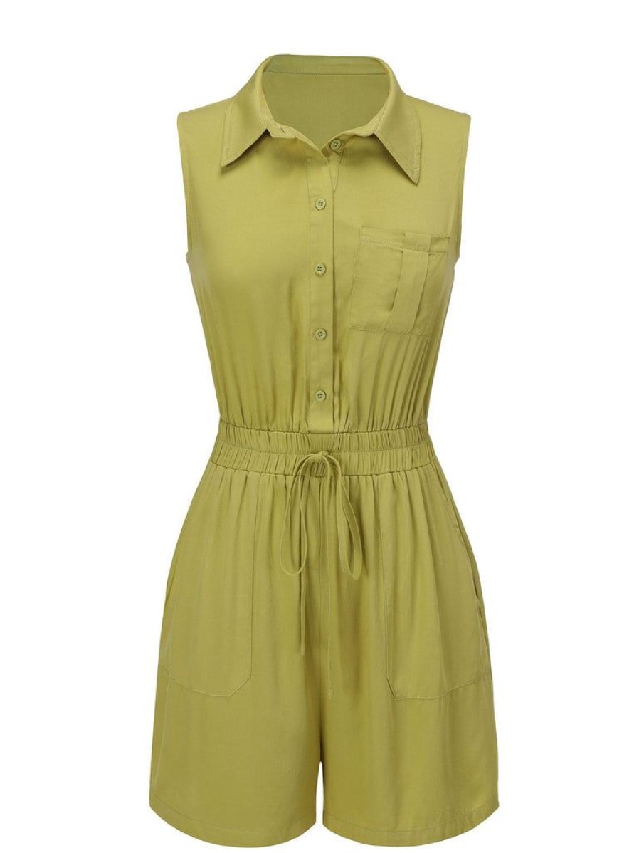 Clothing Retro Stage | 1950S Solid Lapel Belt Romper Olive Green