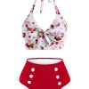 Clothing Retro Stage | 2Pcs 1950S Cherry Patchwork Bikini Set Red