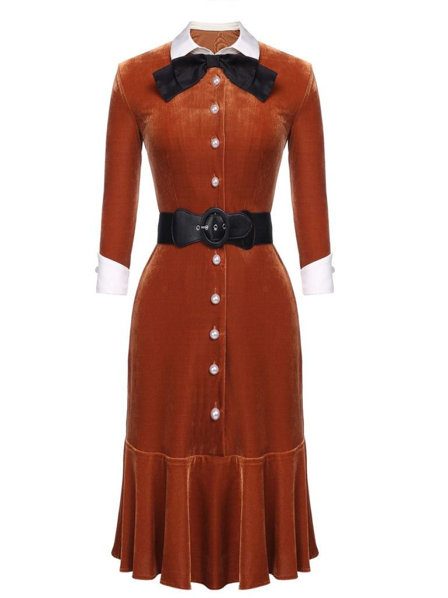 Clothing Retro Stage | 1930S Belted Velvet Work Dress Orange