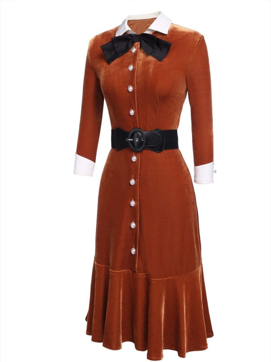 Clothing Retro Stage | 1930S Belted Velvet Work Dress Orange