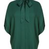 Clothing Retro Stage | 1950S Solid Ribbon Collar Satin Blouse Green