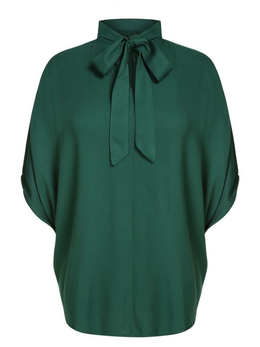 Clothing Retro Stage | 1950S Solid Ribbon Collar Satin Blouse Green