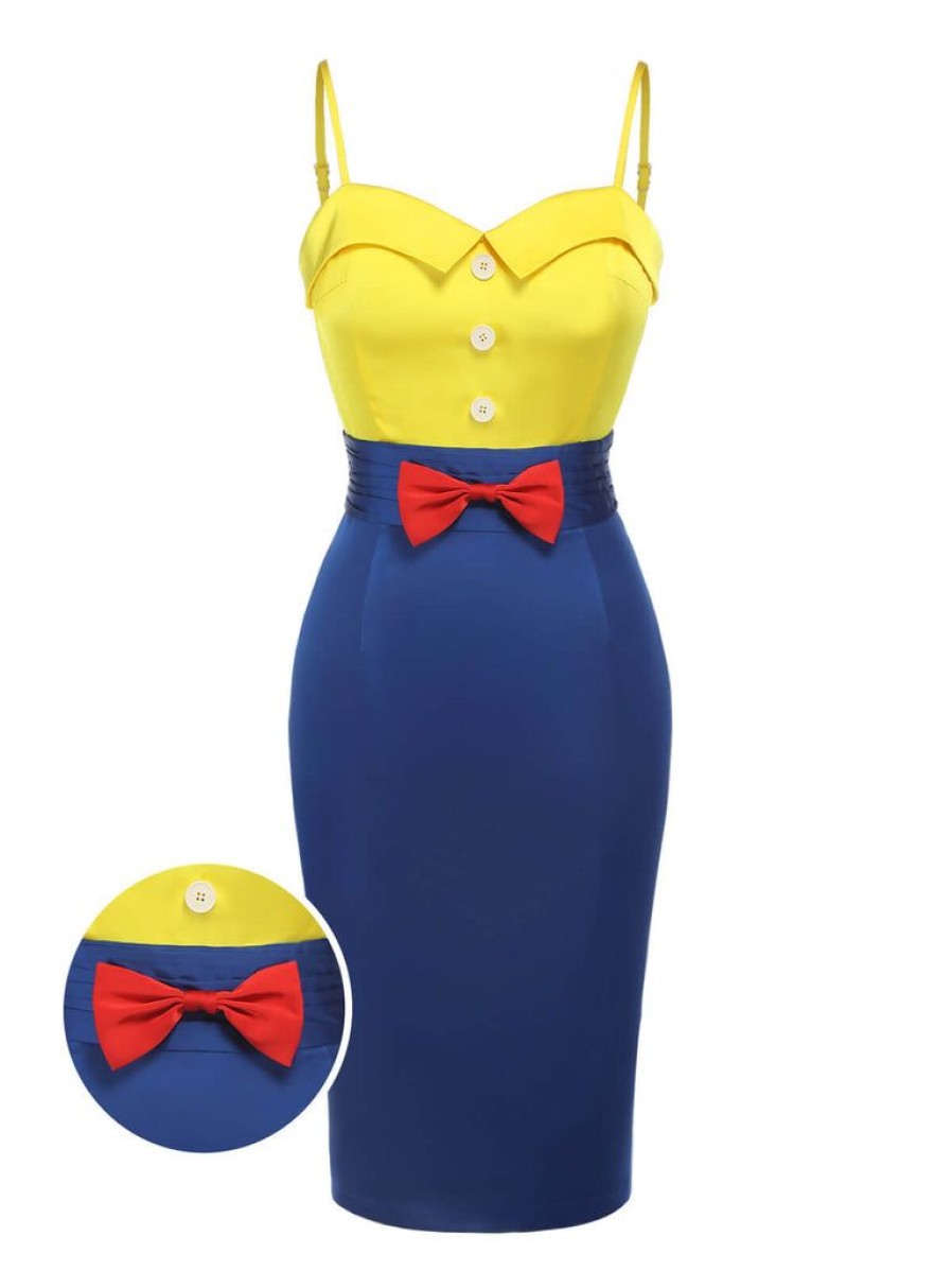 Clothing Retro Stage | 1960S Bow Strap Pencil Dress Yellow & Blue