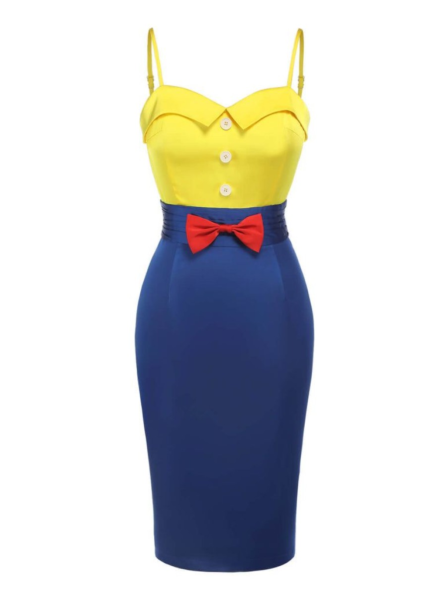 Clothing Retro Stage | 1960S Bow Strap Pencil Dress Yellow & Blue