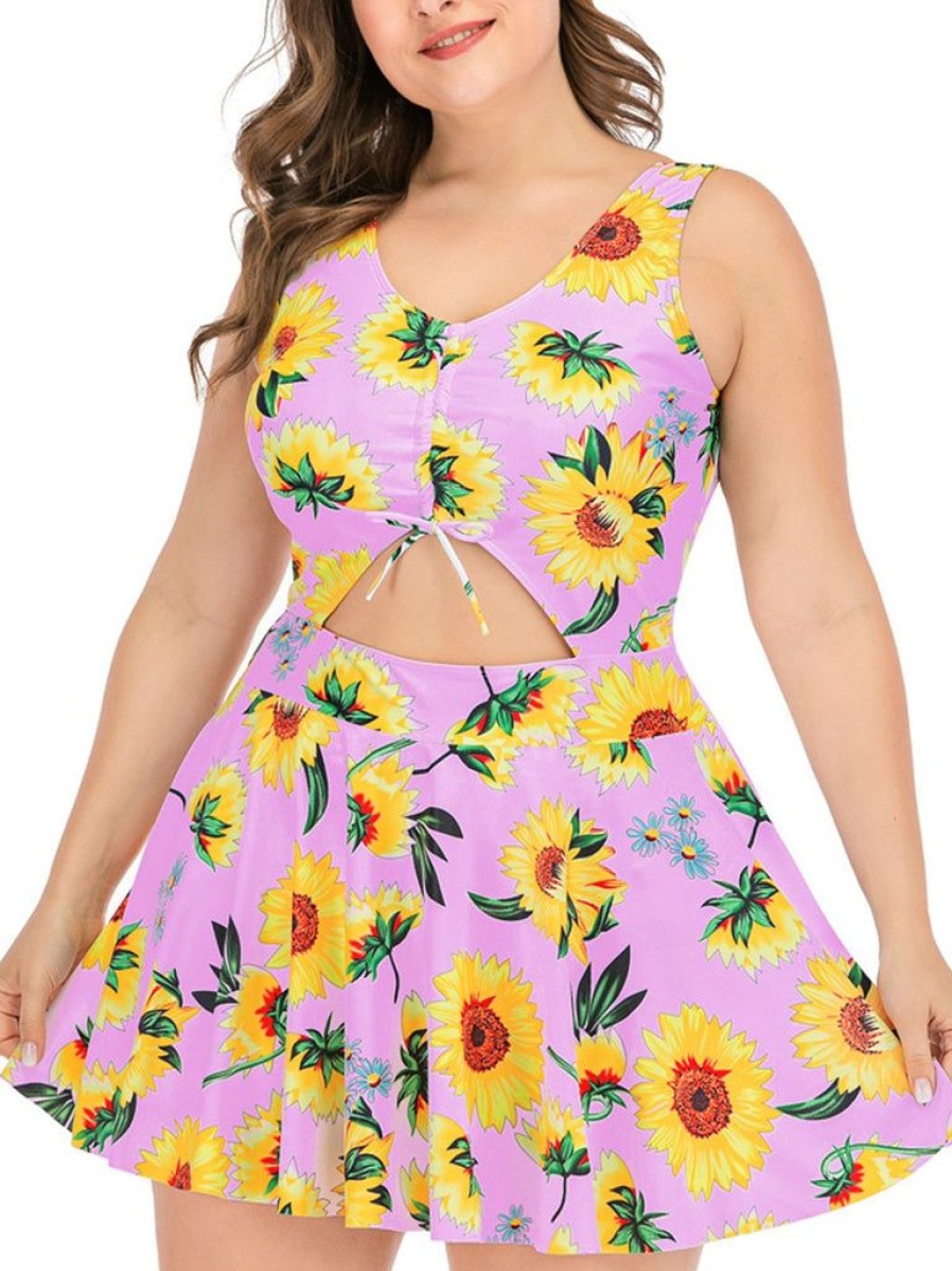 Clothing Retro Stage | Plus Size 1940S Sunflowers Skirted Swimsuit Purple