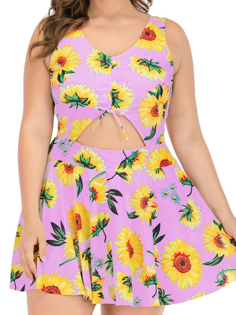 Clothing Retro Stage | Plus Size 1940S Sunflowers Skirted Swimsuit Purple