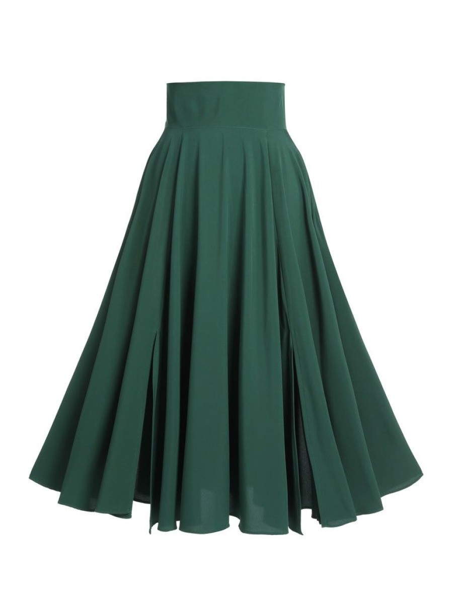 Clothing Retro Stage | Green 1950S Solid Vintage Skirt