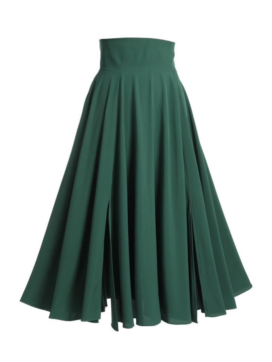 Clothing Retro Stage | Green 1950S Solid Vintage Skirt