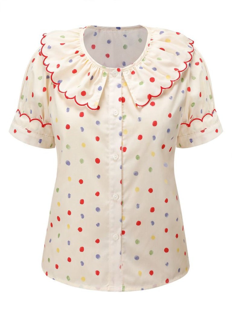 Clothing Retro Stage | 1950S Colorful Polka Dot Lace Collar Blouse White