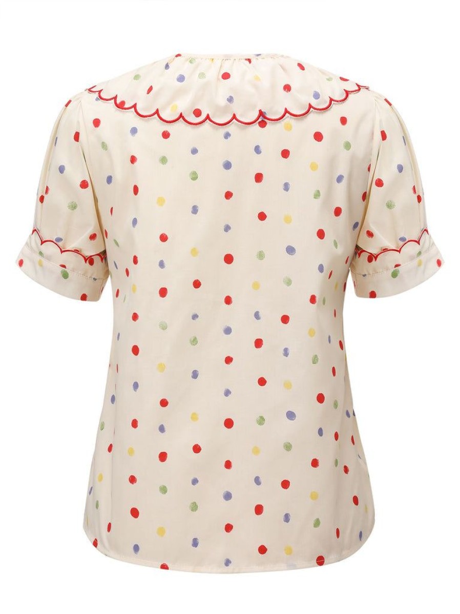 Clothing Retro Stage | 1950S Colorful Polka Dot Lace Collar Blouse White