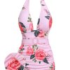 Clothing Retro Stage | [Plus Size] 1930S Roses Halter Belt Swimsuit Pink