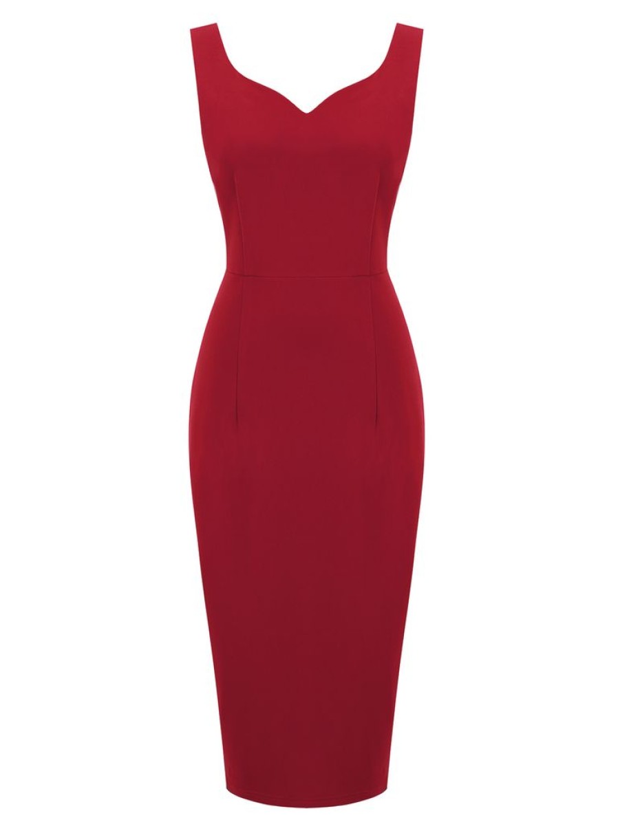 Clothing Retro Stage | 1960S Heart Collar Solid Pencil Dress Red