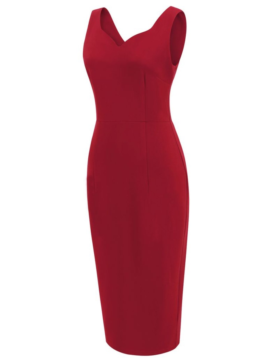 Clothing Retro Stage | 1960S Heart Collar Solid Pencil Dress Red