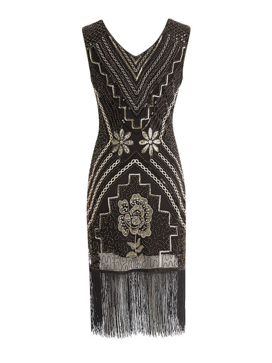 Clothing Retro Stage | 1920S Sequined Fringe Flapper Dress Black