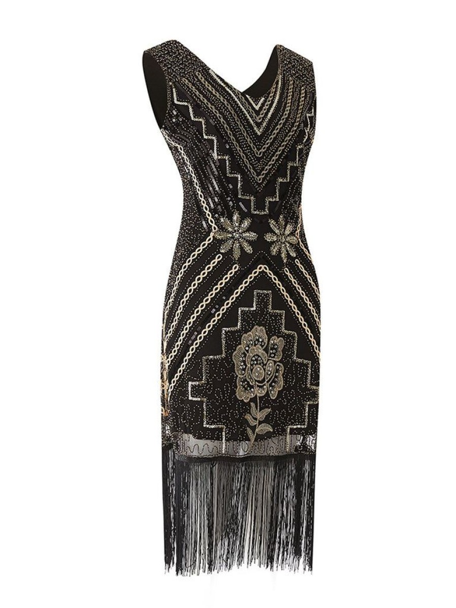 Clothing Retro Stage | 1920S Sequined Fringe Flapper Dress Black