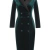 Clothing Retro Stage | 1960S Lapel Button Velvet Dress Dark Green