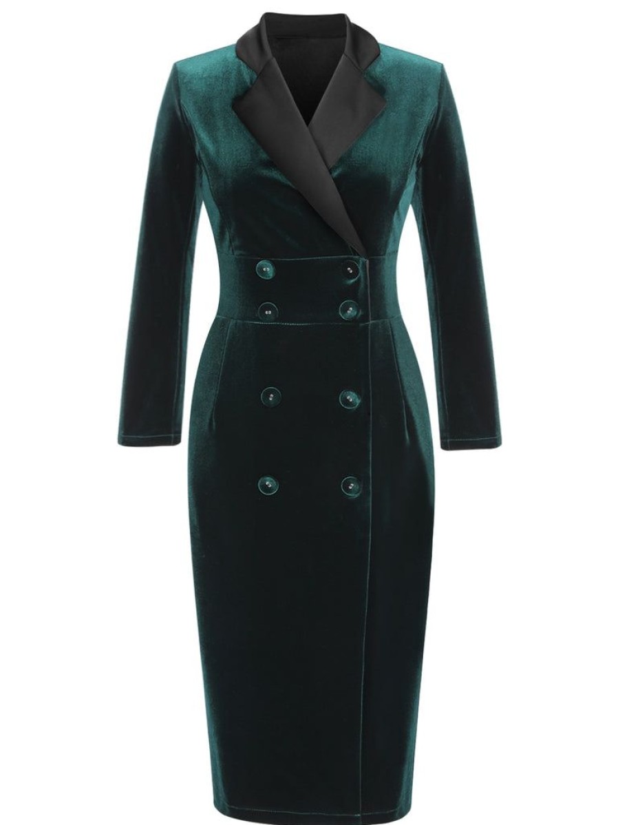 Clothing Retro Stage | 1960S Lapel Button Velvet Dress Dark Green