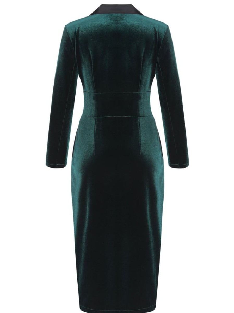 Clothing Retro Stage | 1960S Lapel Button Velvet Dress Dark Green