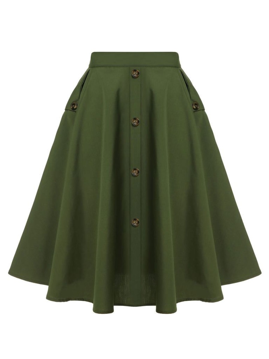 Clothing Retro Stage | 1950S Pocket Buttoned Skirt Army Green