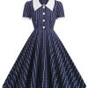 Clothing Retro Stage | 1950S Lapel Vertical Stripes Swing Dress