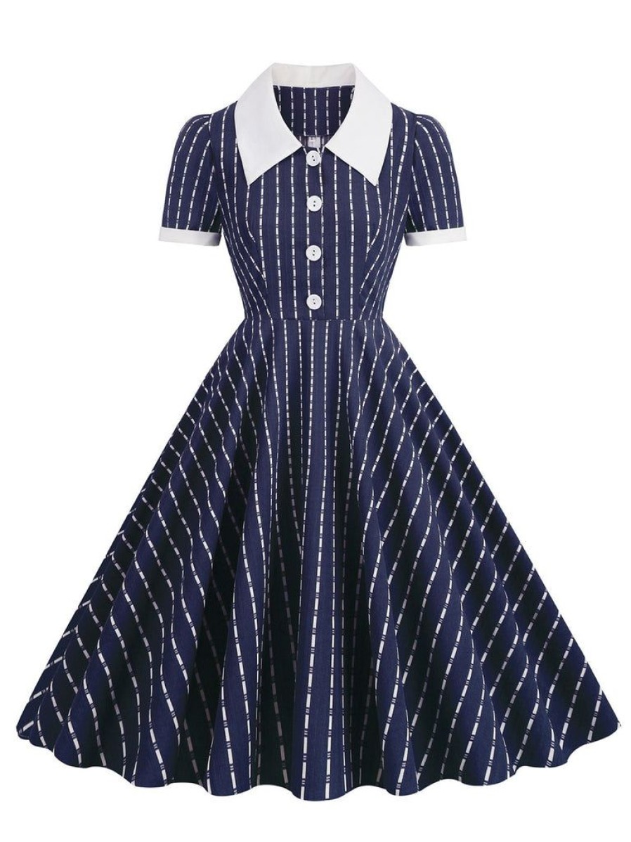 Clothing Retro Stage | 1950S Lapel Vertical Stripes Swing Dress