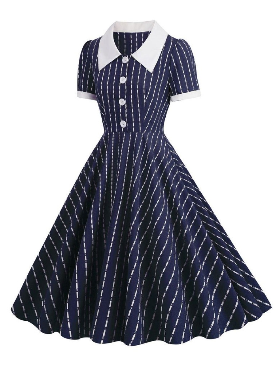 Clothing Retro Stage | 1950S Lapel Vertical Stripes Swing Dress