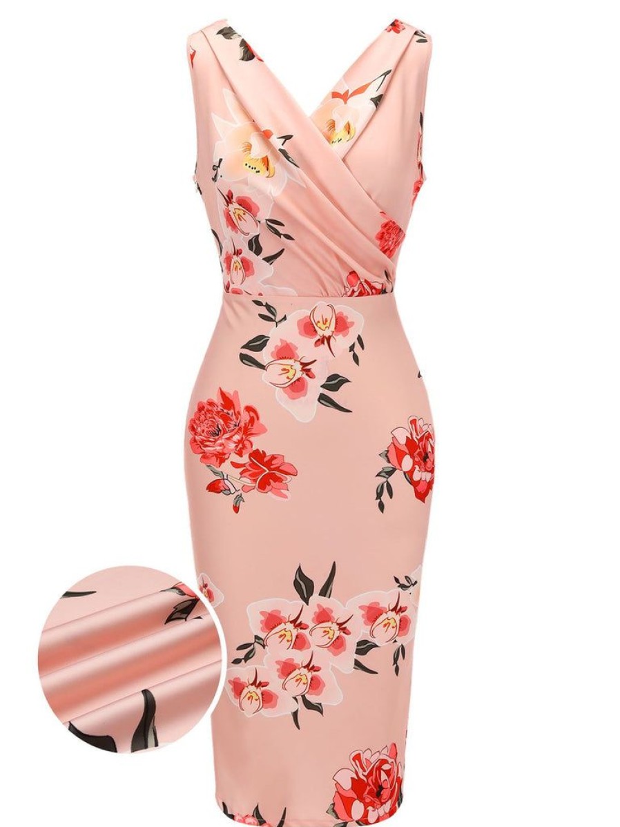 Clothing Retro Stage | 1950S V-Neck Wrap Floral Pencil Dress Pink