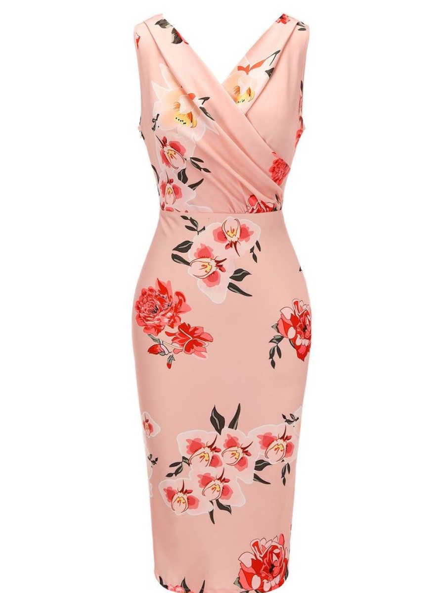 Clothing Retro Stage | 1950S V-Neck Wrap Floral Pencil Dress Pink