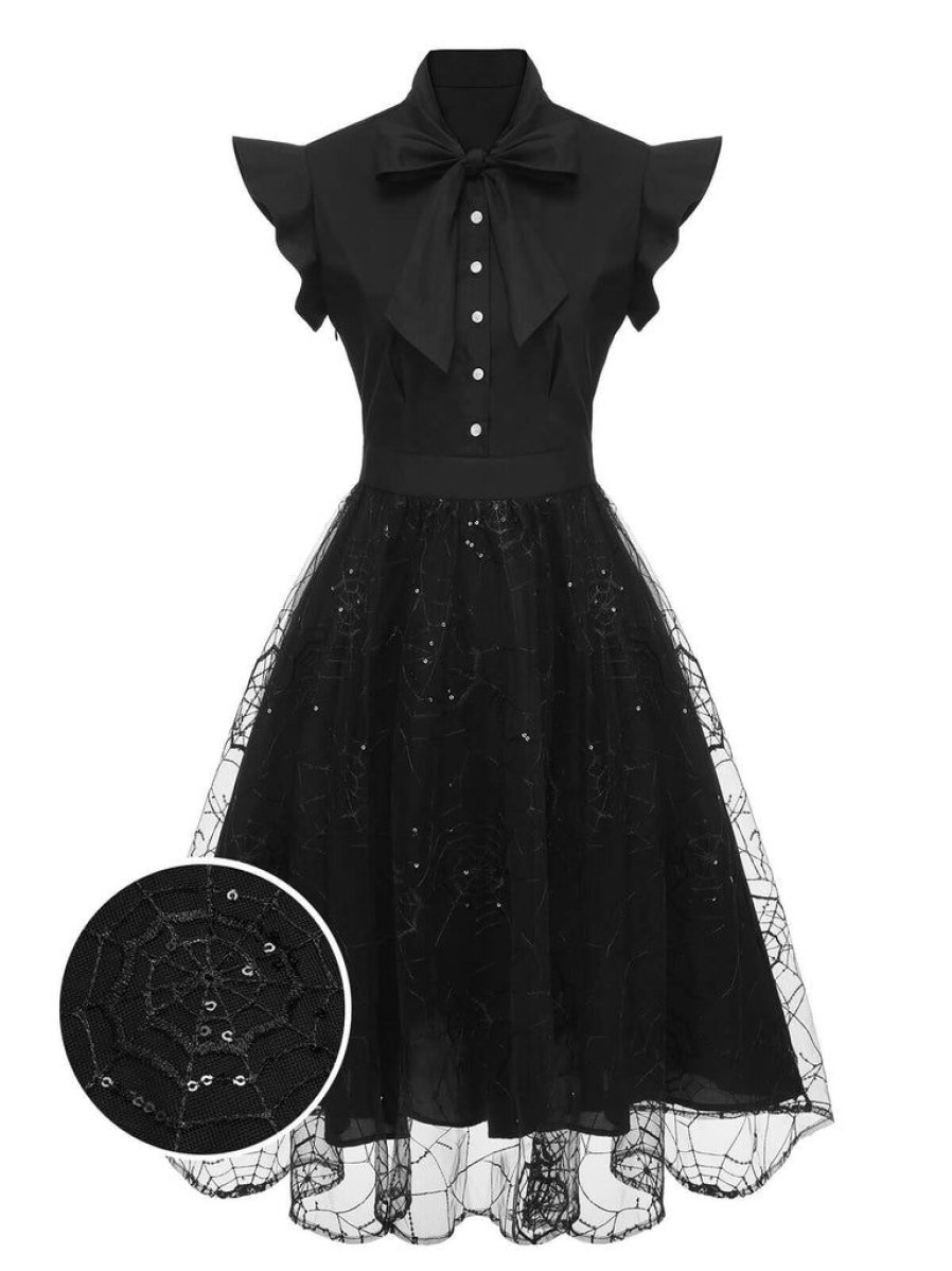 Clothing Retro Stage | 1950S Sequined Spider Mesh Dress Black