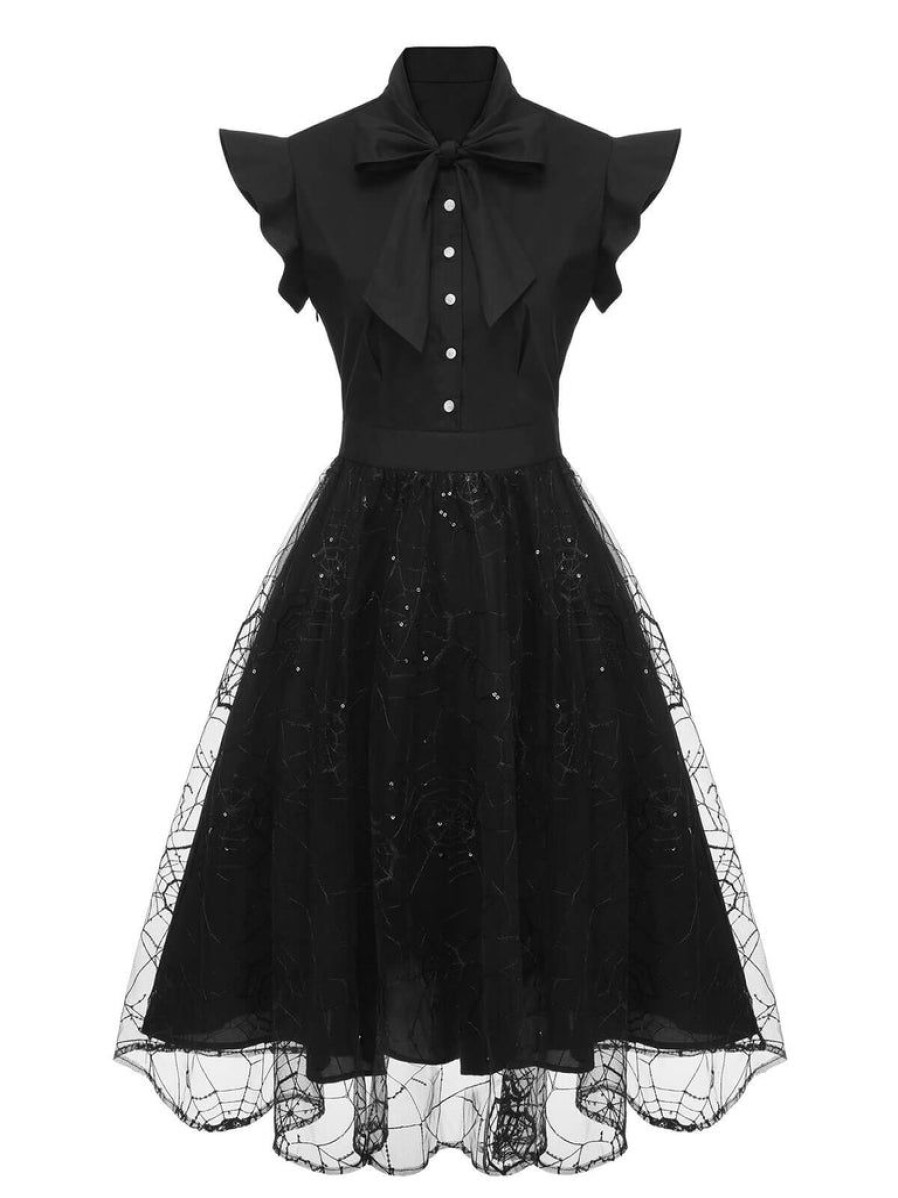 Clothing Retro Stage | 1950S Sequined Spider Mesh Dress Black