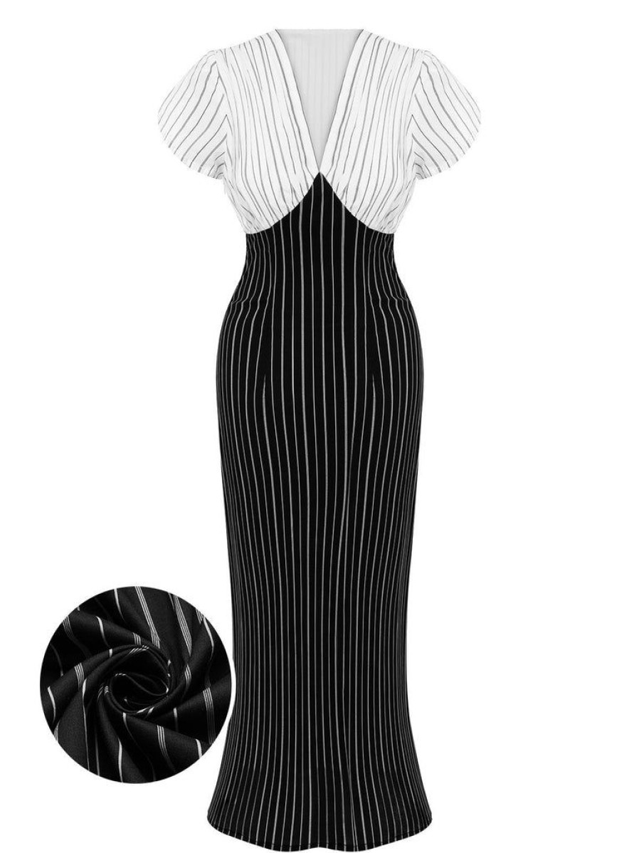 Clothing Retro Stage | [Pre-Sale] 1930S Striped Deep V-Neck Patchwork Dress Black&White