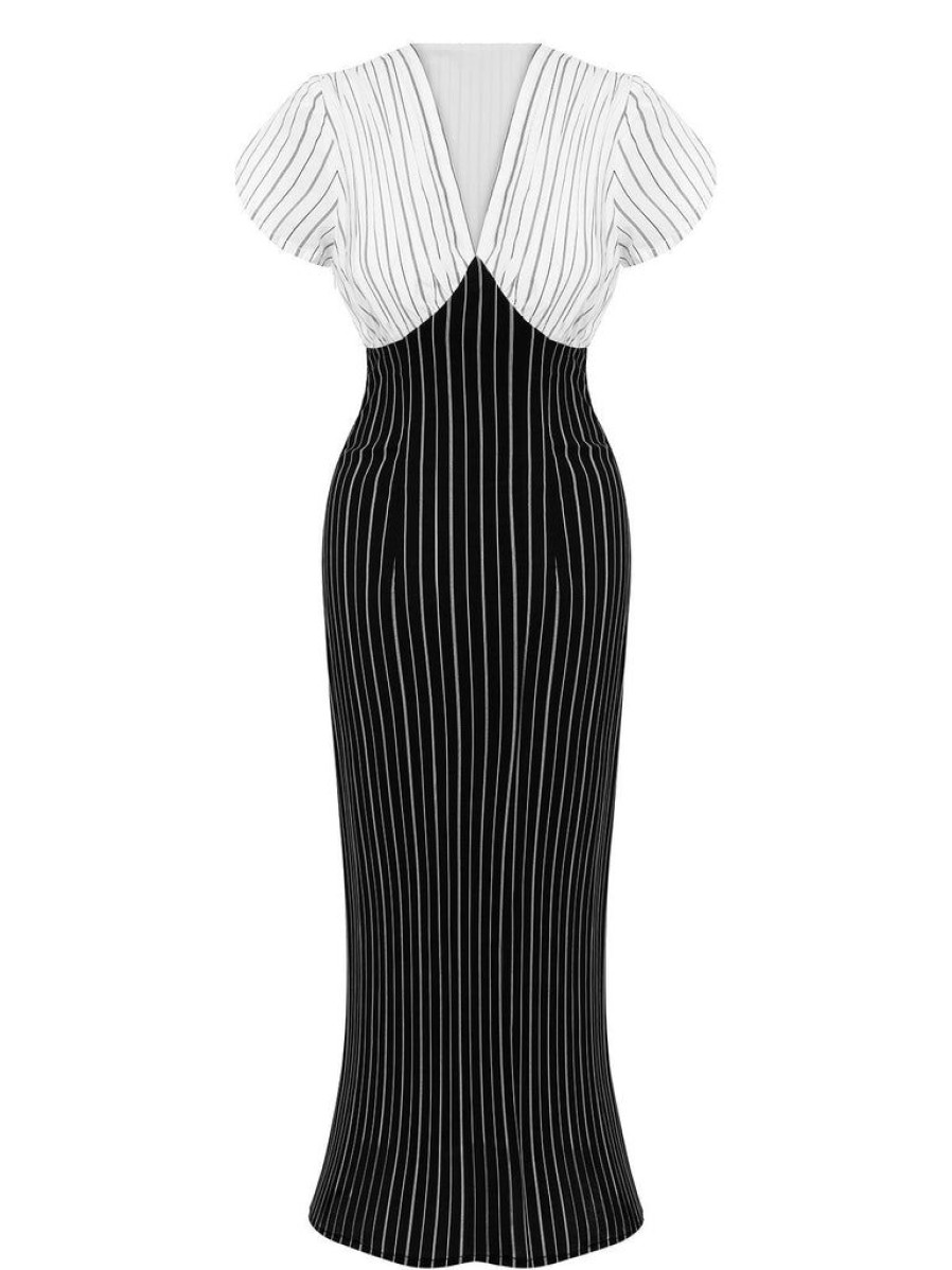 Clothing Retro Stage | [Pre-Sale] 1930S Striped Deep V-Neck Patchwork Dress Black&White