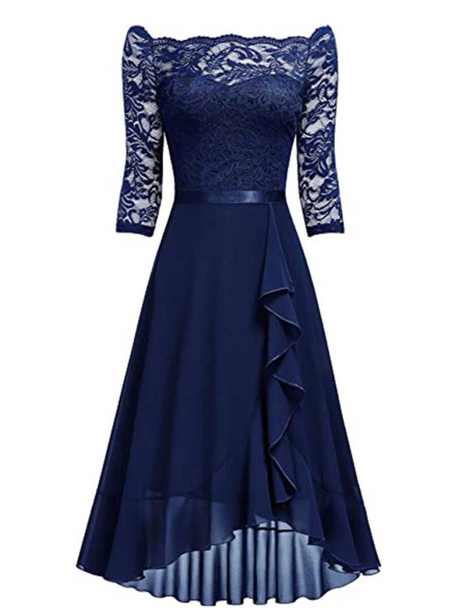 Clothing Retro Stage | [Plus Size] 1930S Off-Shoulder Lace Dress Royal Blue