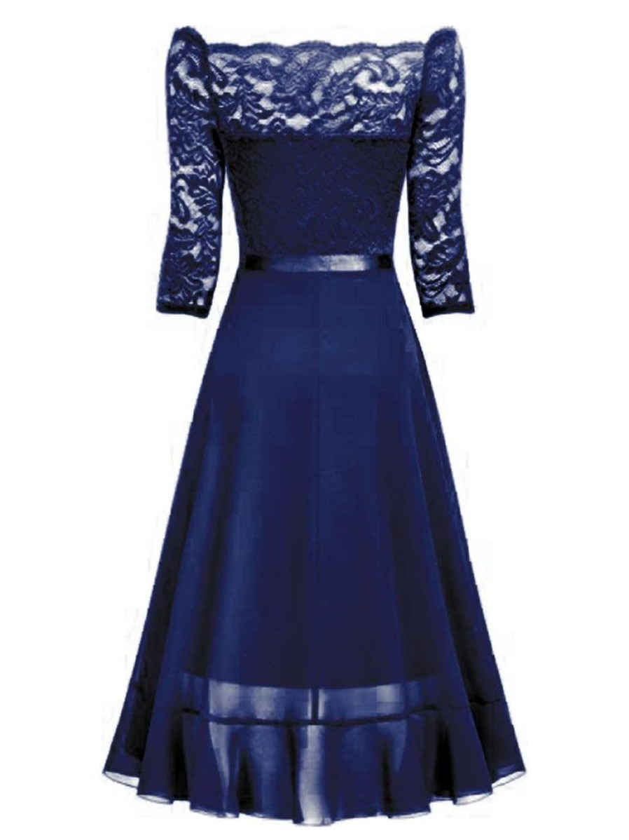 Clothing Retro Stage | [Plus Size] 1930S Off-Shoulder Lace Dress Royal Blue