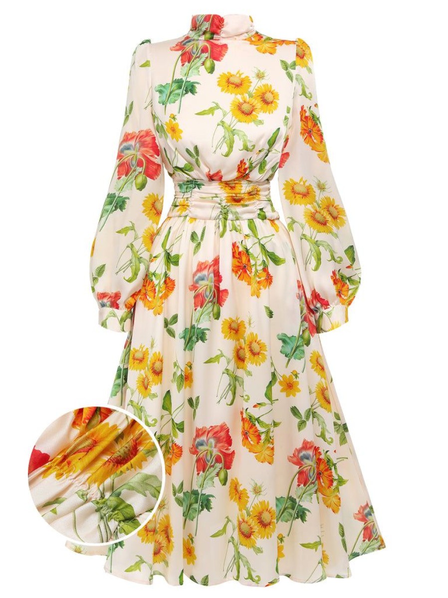 Clothing Retro Stage | 1930S Flower Long Sleeves Swing Dress Multi-Color